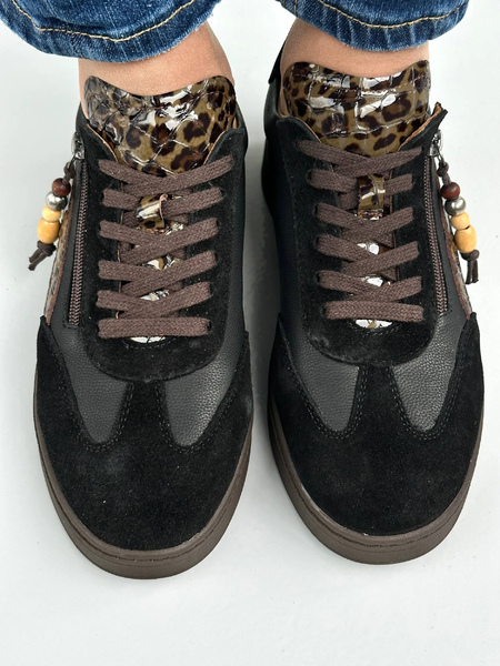 Кроссовки кожаные NilaNila D26KA-365 BLACK/LEOPARD